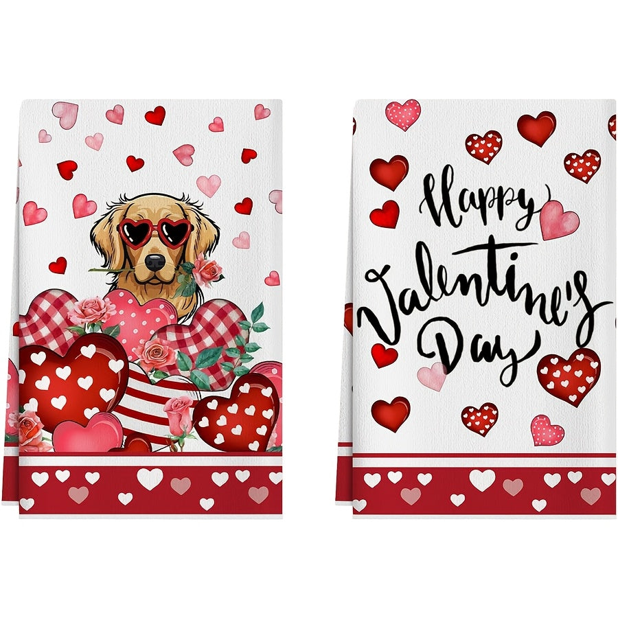 Sweet 8x12 inch polyester Valentine's Day dog kitchen towels with golden retriever in heart sunglasses and roses for pet-friendly décor – Coastal Pillows Plus.