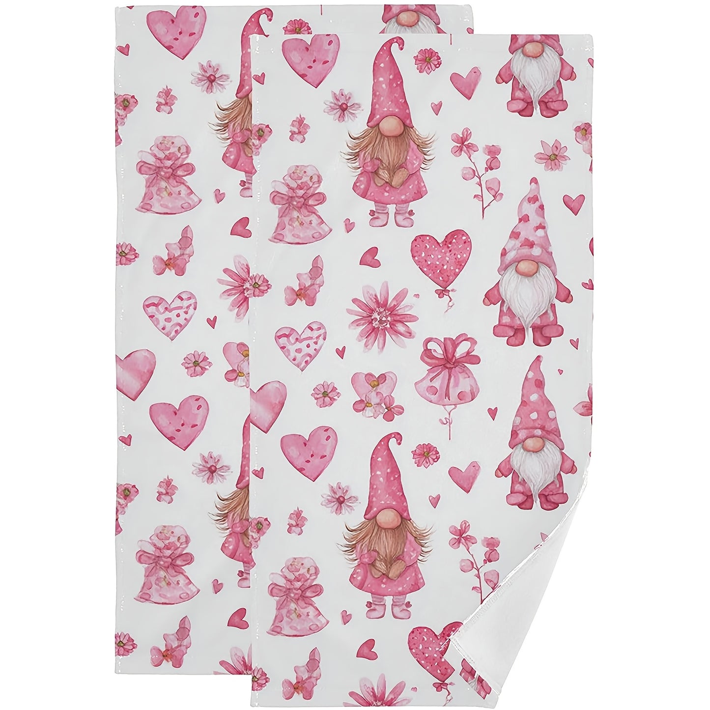 Whimsical 16x24 inch polyester Valentine's Day hand towels featuring pink-hatted gnomes with hearts and florals for holiday décor – Coastal Pillows Plus.