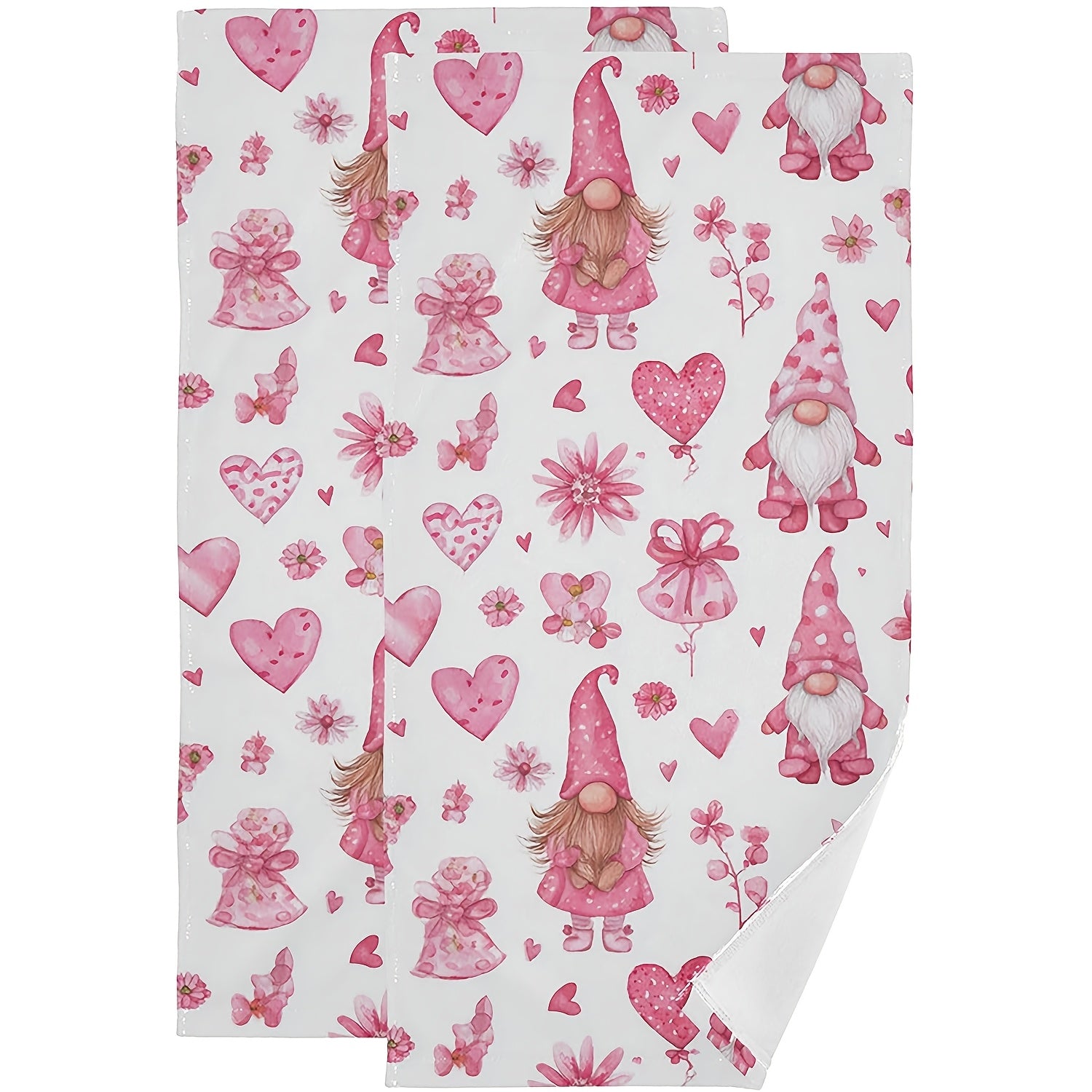 Whimsical 16x24 inch polyester Valentine's Day hand towels featuring pink-hatted gnomes with hearts and florals for holiday décor – Coastal Pillows Plus.