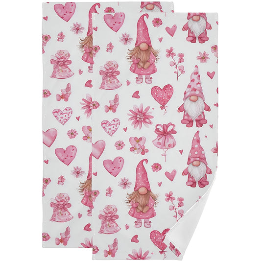 Whimsical 16x24 inch polyester Valentine's Day hand towels featuring pink-hatted gnomes with hearts and florals for holiday décor – Coastal Pillows Plus.