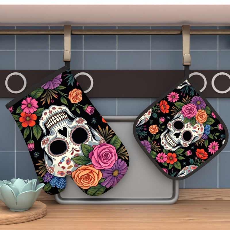 Vibrant Colorful Day of the Dead Design - 2-Piece 100% Polyester Heat-Resistant Kitchen Set - Coastal Pillows Plus