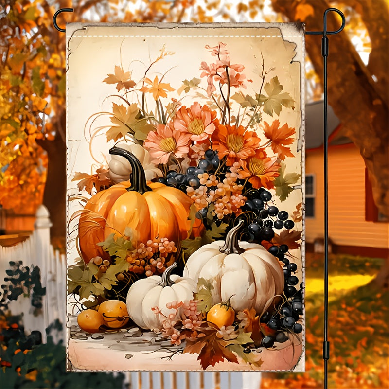 Vibrant 12x18 inch polyester garden flag with an autumn pumpkin and leaves still-life design for Thanksgiving décor – Coastal Pillows Plus.
