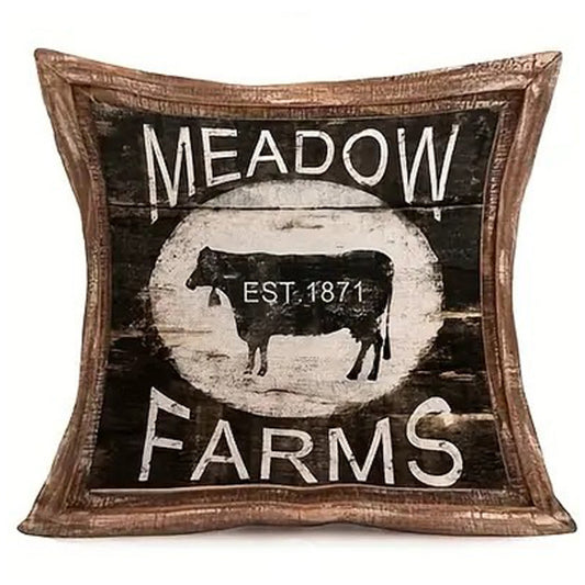 Linen pillow cover featuring a vintage Meadow Farms sign with livestock silhouette and wood-look framed border.