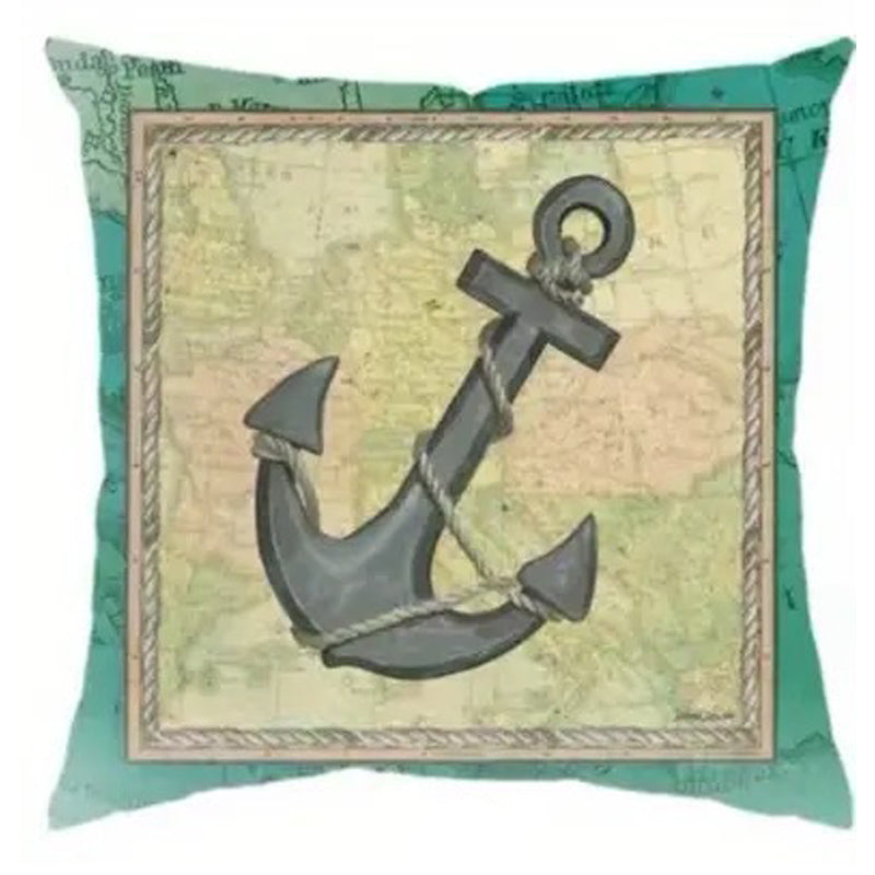 Pillow cover featuring a nautical anchor illustration framed over a vintage map-style background.