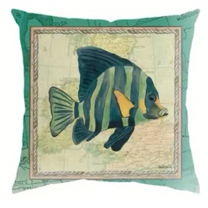 Pillow cover featuring a striped fish illustration framed over a vintage map-style background.