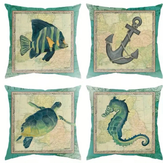 Set of four pillow covers featuring fish, anchor, turtle, and seahorse illustrations on a vintage map-style background.