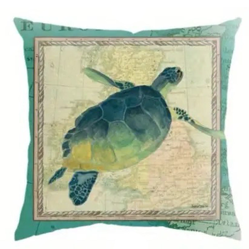 Pillow cover featuring a sea turtle illustration framed over a vintage map-style background.