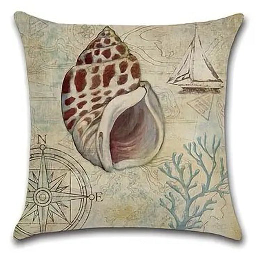 Linen pillow cover featuring a conch shell with compass, sailboat, and coral details on a vintage nautical map background.