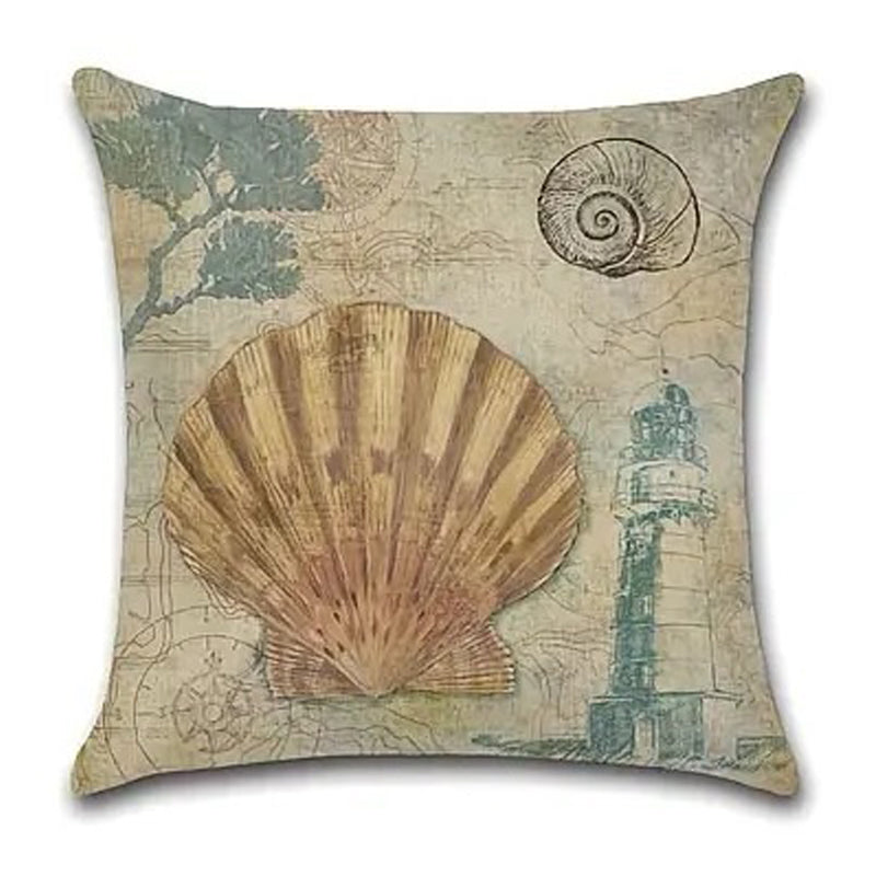 Linen pillow cover featuring a centered scallop shell with lighthouse and nautical map details on a muted parchment background.