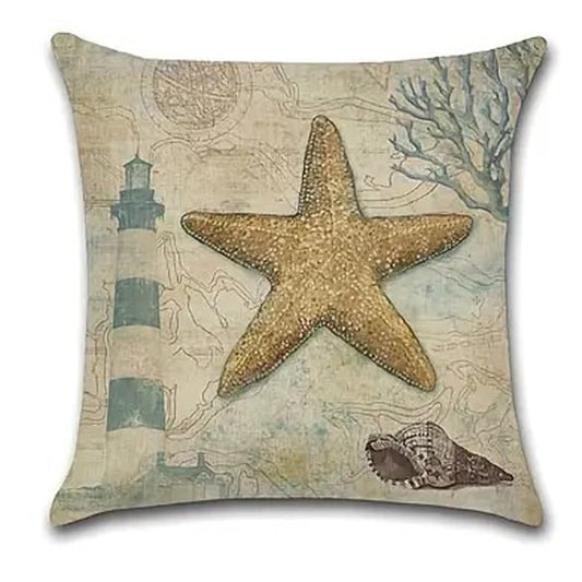 Linen pillow cover featuring a large starfish with lighthouse and nautical map elements on a parchment-toned background.