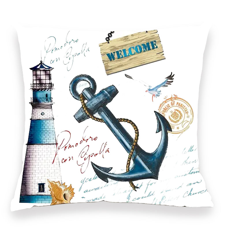 18"x18" pillow cover featuring a vintage-style anchor and lighthouse design with nautical script and coastal graphics.