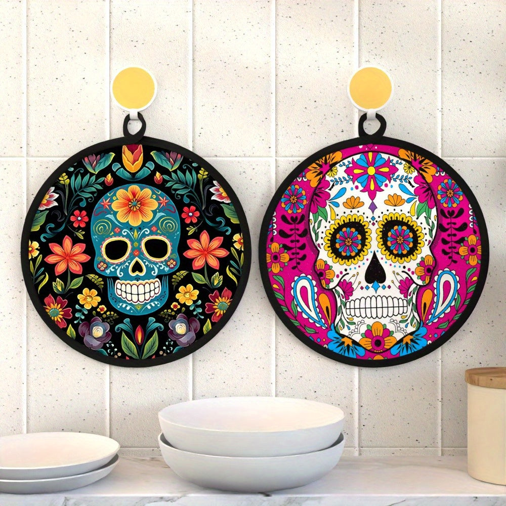 Vivid Sugar Skull Pattern Pot Holder Set - Heat-Resistant Double-Sided 8x8" Kitchen Set of 2 - Coastal Pillows Plus