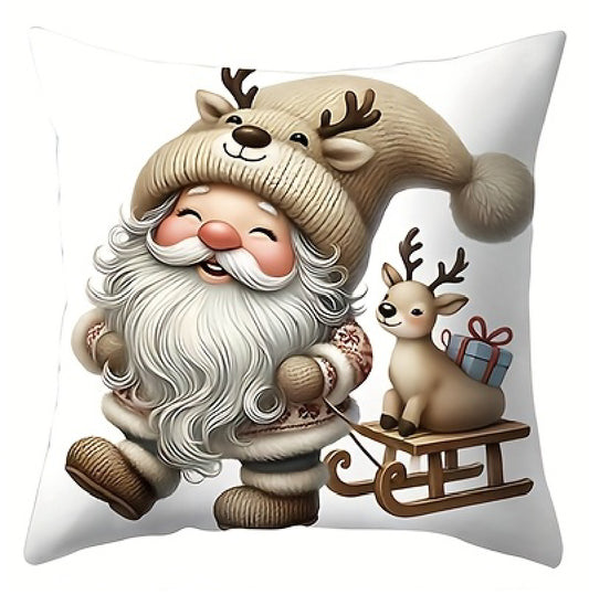 Pillow cover with a walking gnome and a small reindeer with a sled and gift