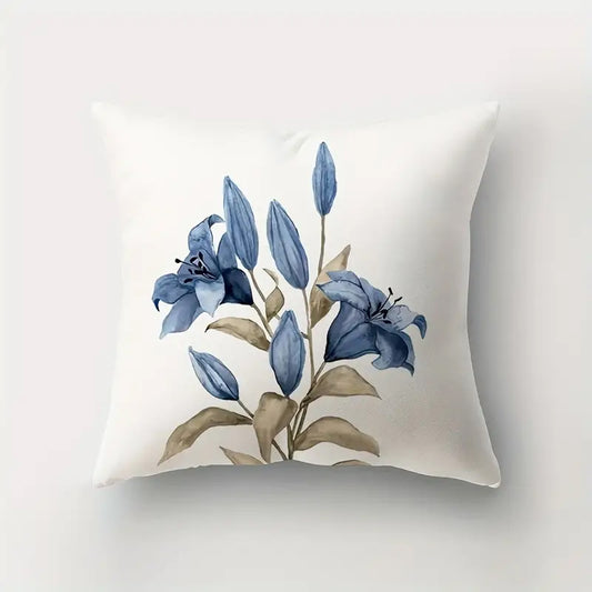 Illustrative 18x18 inch pillow cover featuring watercolor-style blue Lilies and closed buds with muted tan foliage on a white background, styled for serene bedroom décor – Coastal Pillows Plus.