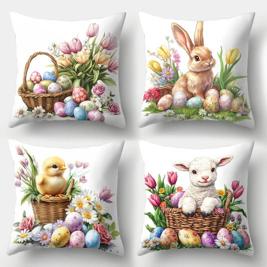Enchanting 16x16 inch Easter pillow cover featuring watercolor bunny, chick, and lamb illustrations with spring florals for festive décor – Coastal Pillows Plus.