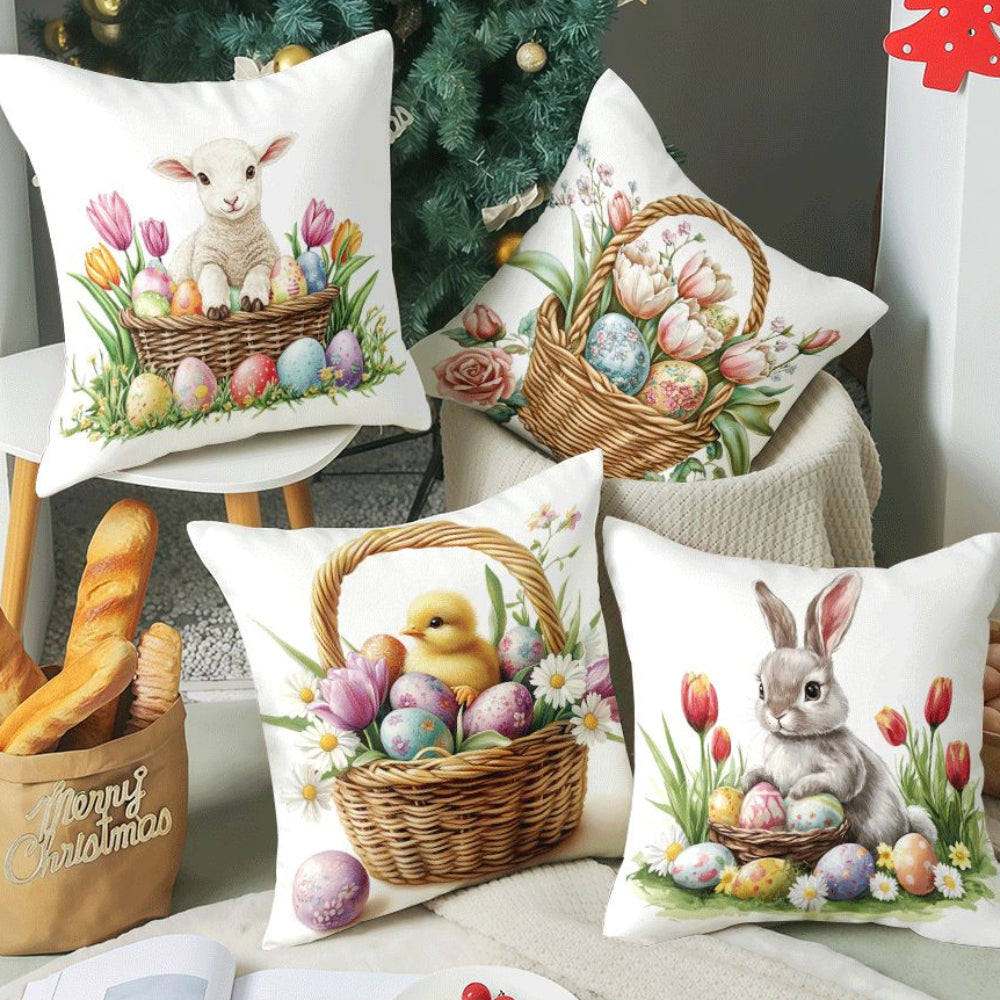 Illustrative 18x18 inch pillow cover with watercolor-style Easter lambs, bunnies, chicks, tulips, or colorful eggs in woven baskets, styled on a sofa for holiday décor – Coastal Pillows Plus