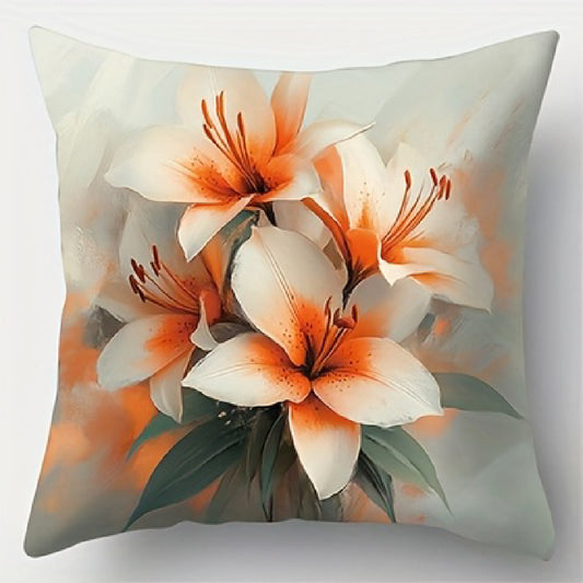Floral pillow cover featuring clustered orange and white lilies with soft green leaves in a watercolor-style design, shown on a white background.