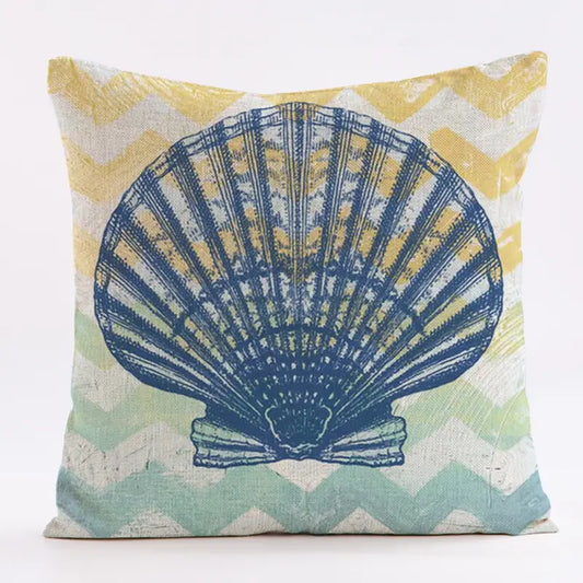 18"x18" linen pillow cover featuring a large watercolor scallop shell over a soft yellow and seafoam chevron background.