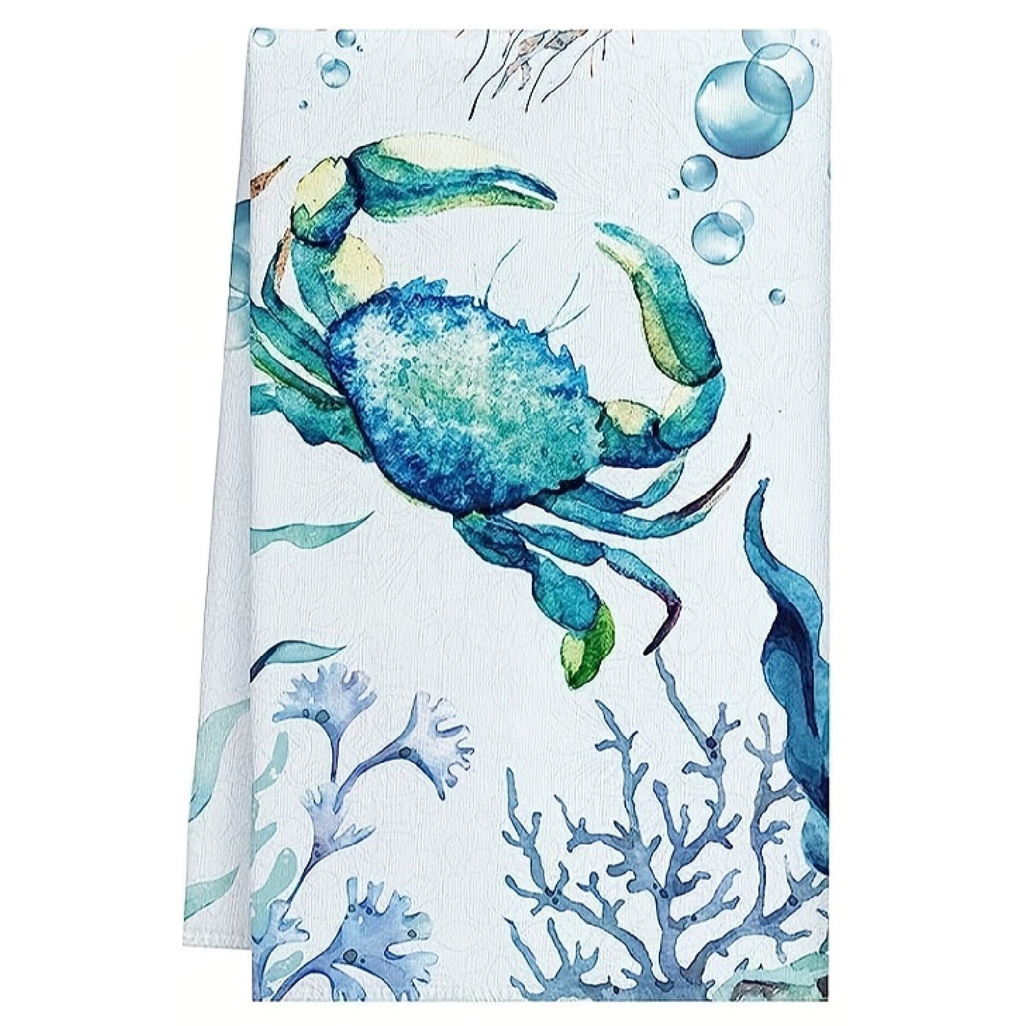 Blue and teal watercolor crab hand towel with coral and bubble accents, 18x28-inch coastal kitchen and bath towel
