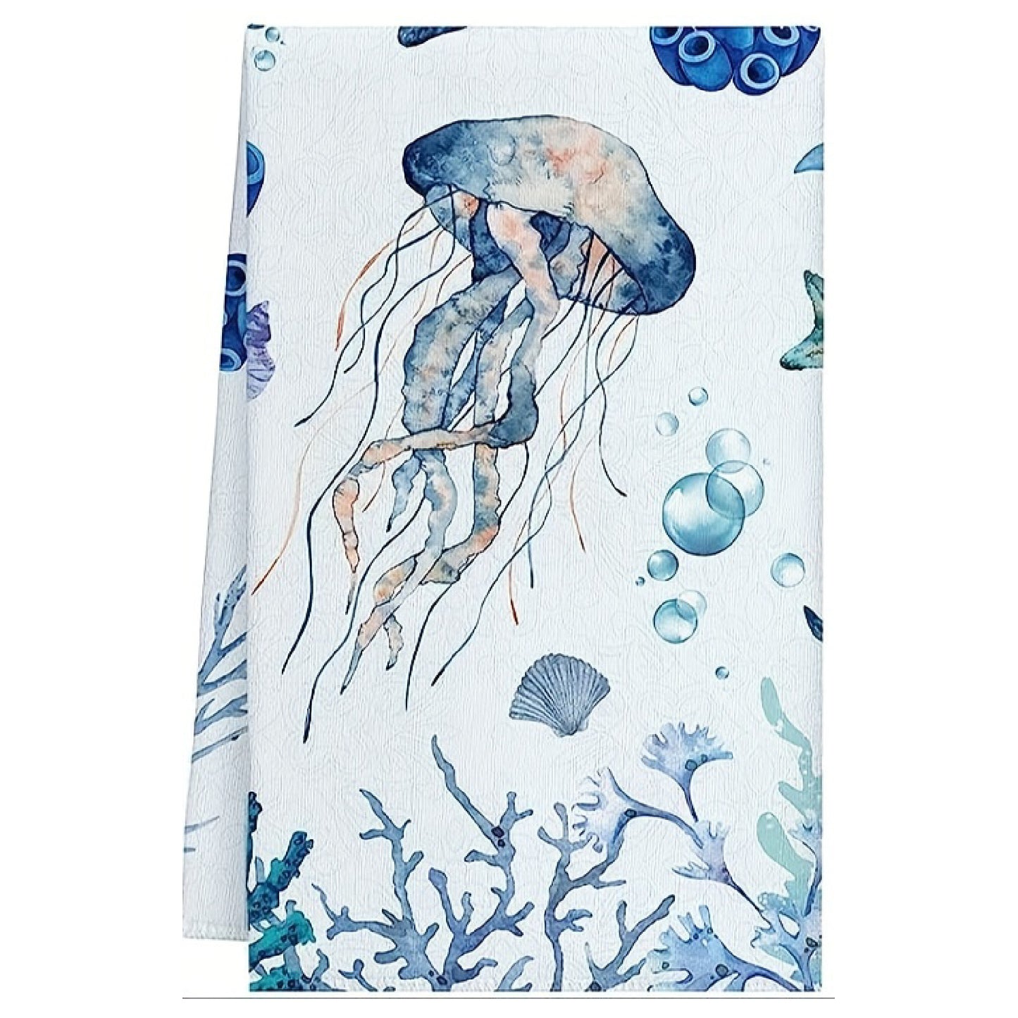 Blue and teal watercolor jellyfish hand towel with soft coral and bubble details, 18x28-inch coastal kitchen and bath towel