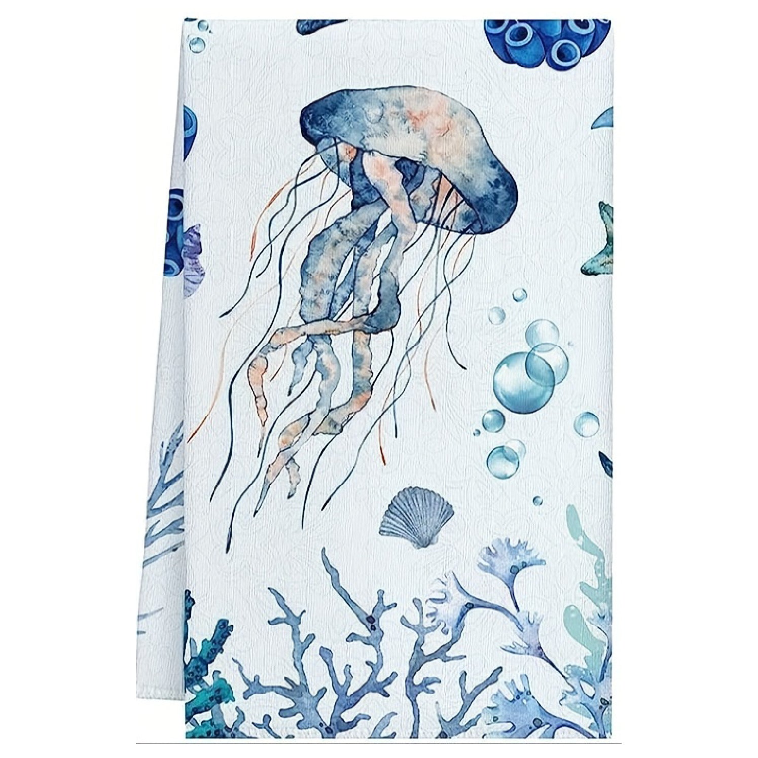 Blue and teal watercolor jellyfish hand towel with soft coral and bubble details, 18x28-inch coastal kitchen and bath towel