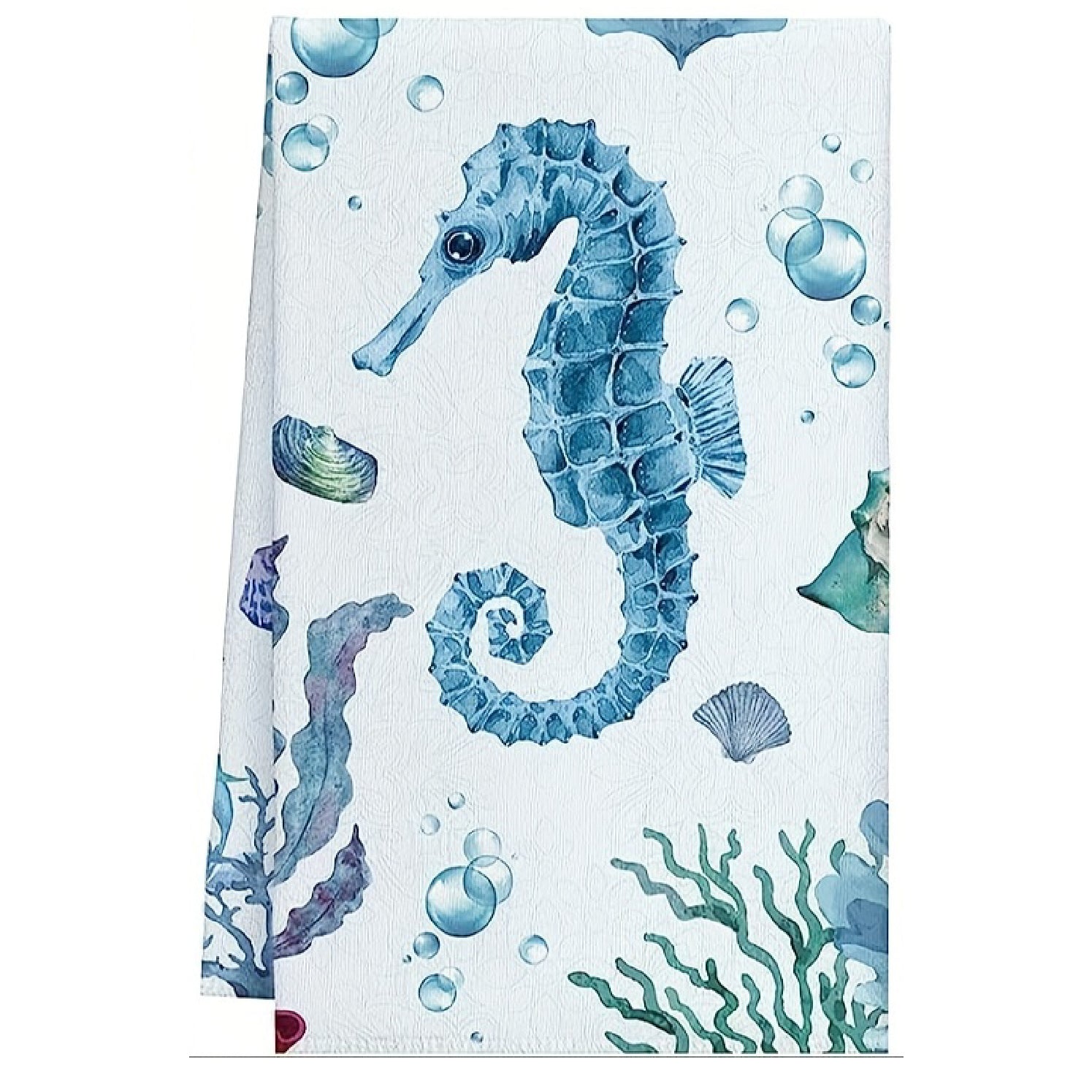 Blue and teal watercolor seahorse hand towel with coral and bubble accents, 18x28-inch coastal kitchen and bath towel