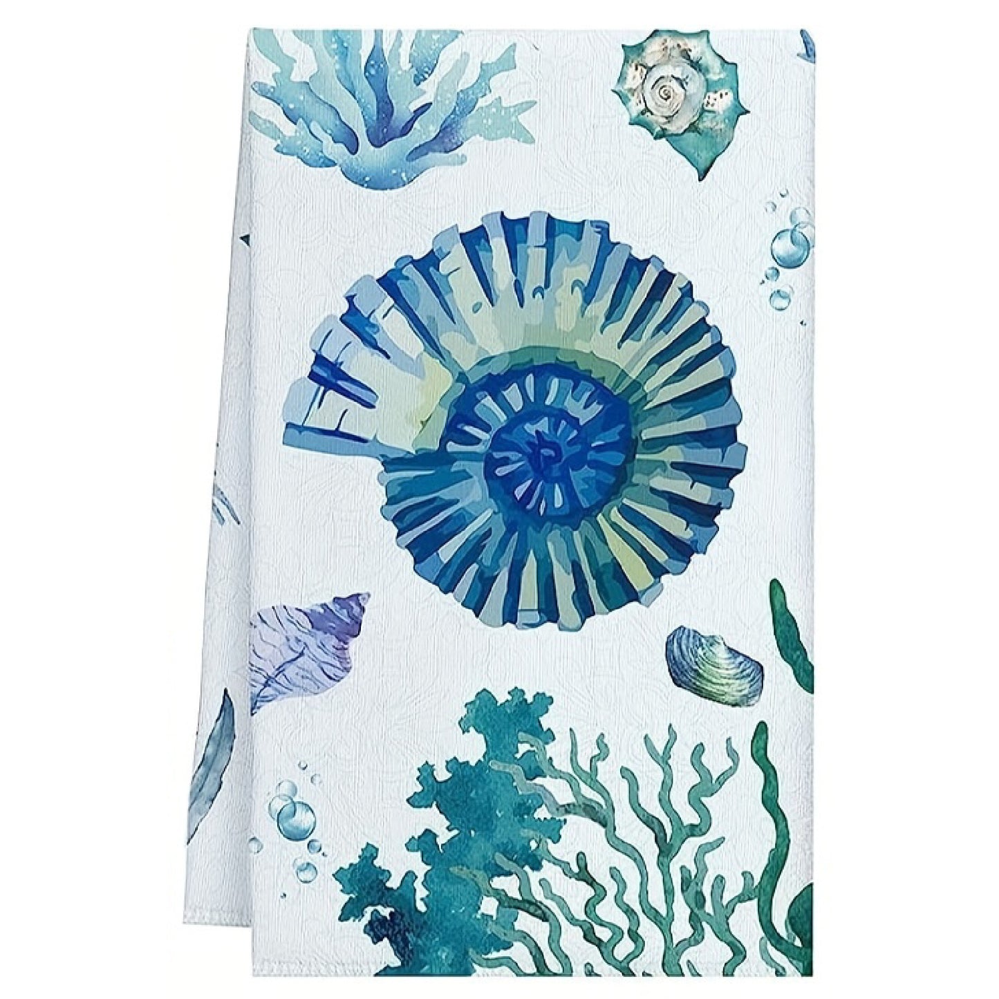 Blue and teal watercolor spiral shell hand towel with coral and bubble details, 18x28-inch coastal kitchen and bath towel
