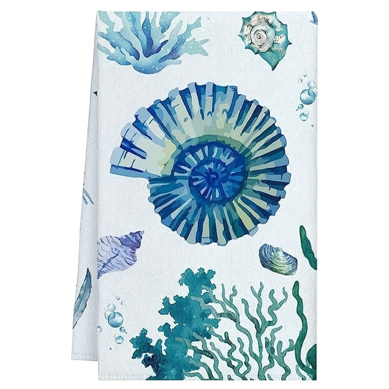 Blue and teal watercolor spiral shell hand towel with coral and bubble details, 18x28-inch coastal kitchen and bath towel