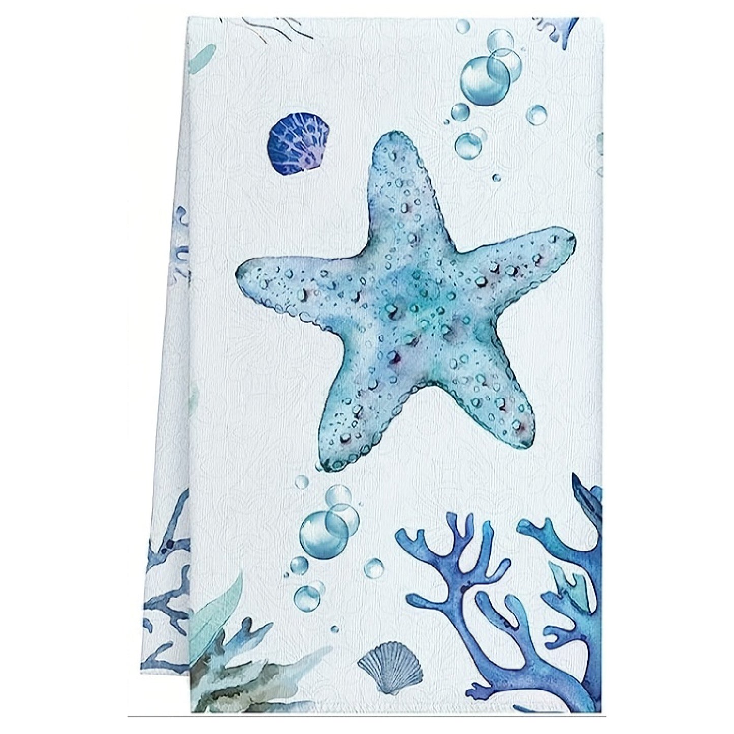 Blue and teal watercolor starfish hand towel with coral and bubble details, 18x28-inch coastal kitchen and bath towel
