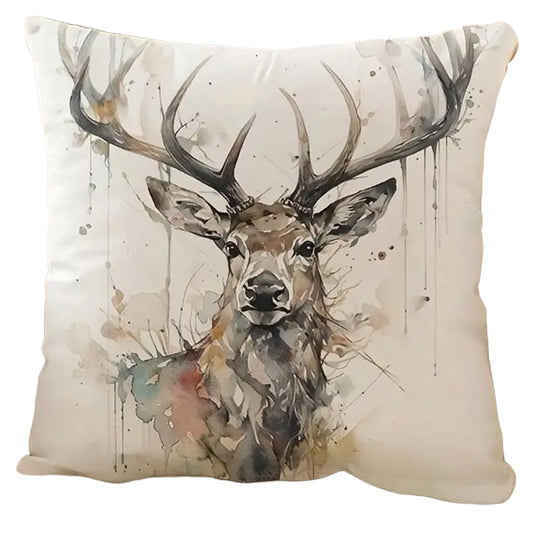 Square pillow cover featuring a watercolor-style deer portrait with neutral and earthy tones on a light background.
