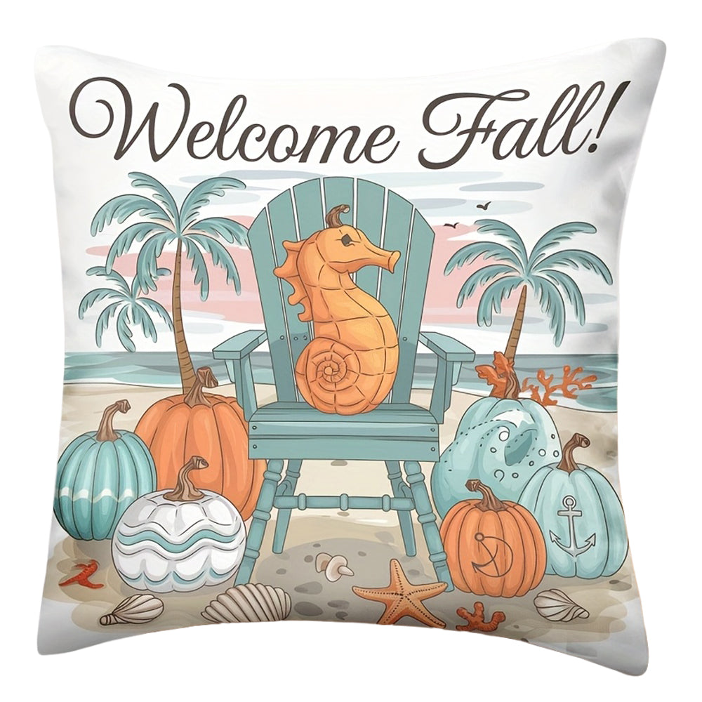 Pillow cover with “Welcome Fall!” text, seahorse on Adirondack chair, pumpkins, palm trees, and beach scene.