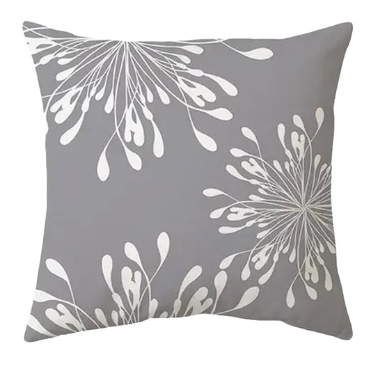 Whimsical 18x18 inch pillow cover with white dandelion puff or burst patterns scattered across a solid grey background for playful home décor – Coastal Pillows Plus.