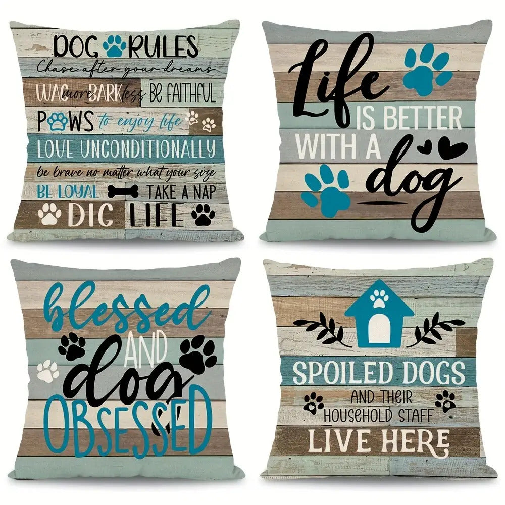 Whimsical 20x20 inch dog-themed pillow covers with four unique personality quotes on a faux wood-grain background for coastal décor - Coastal Pillows Plus