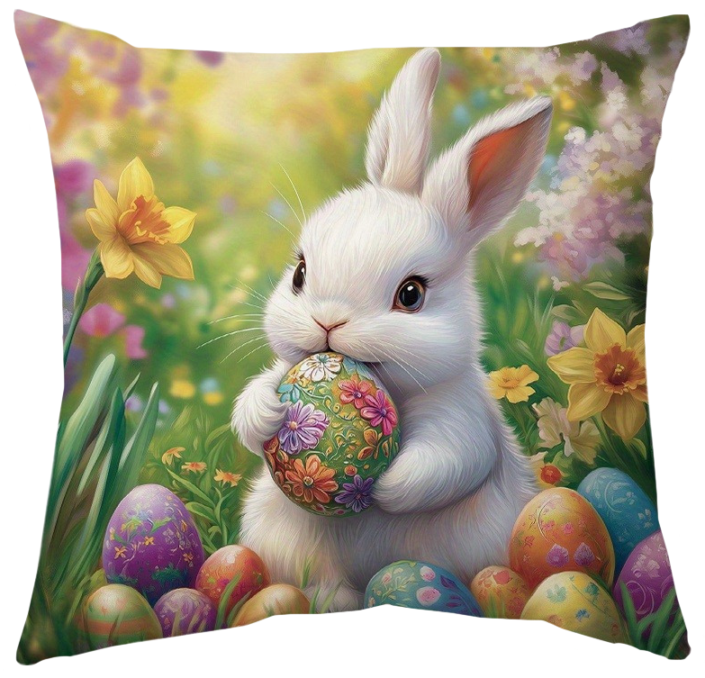 Soft 14x14 inch fleece pillow cover with watercolor-style Easter rabbits, chicks, and floral patterns, styled on a sofa for spring and holiday décor – Coastal Pillows Plus