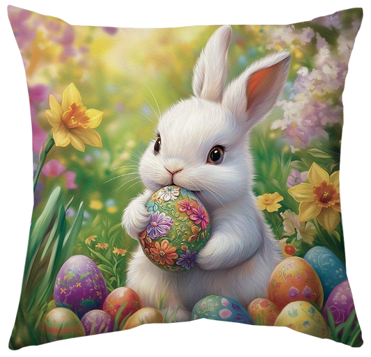 Soft 14x14 inch fleece pillow cover with watercolor-style Easter rabbits, chicks, and floral patterns, styled on a sofa for spring and holiday décor – Coastal Pillows Plus