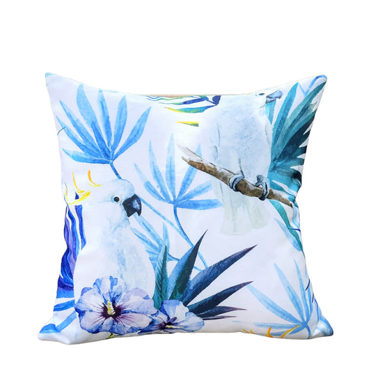 White parrot outdoor pillow cover with blue tropical leaves on white background, 18x18, waterproof.