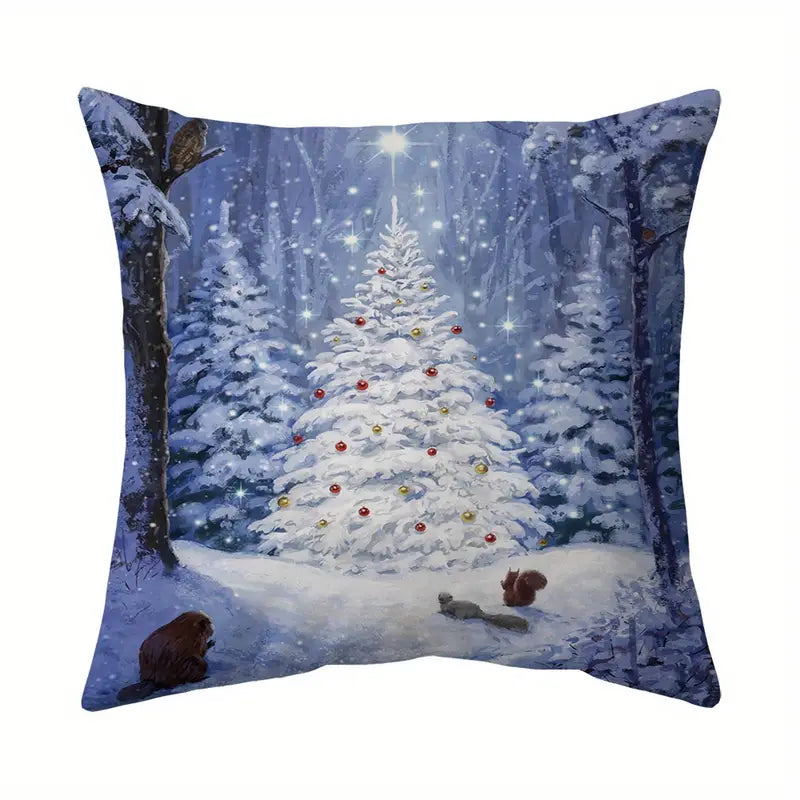Winter pillow cover with glowing white Christmas tree in snowy forest with woodland animals