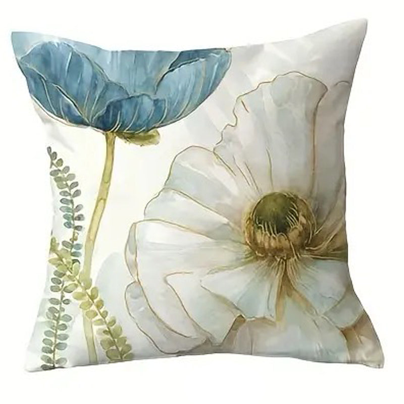 Decorative pillow cover featuring a white and blue watercolor poppy with green botanical stems on a light background.
