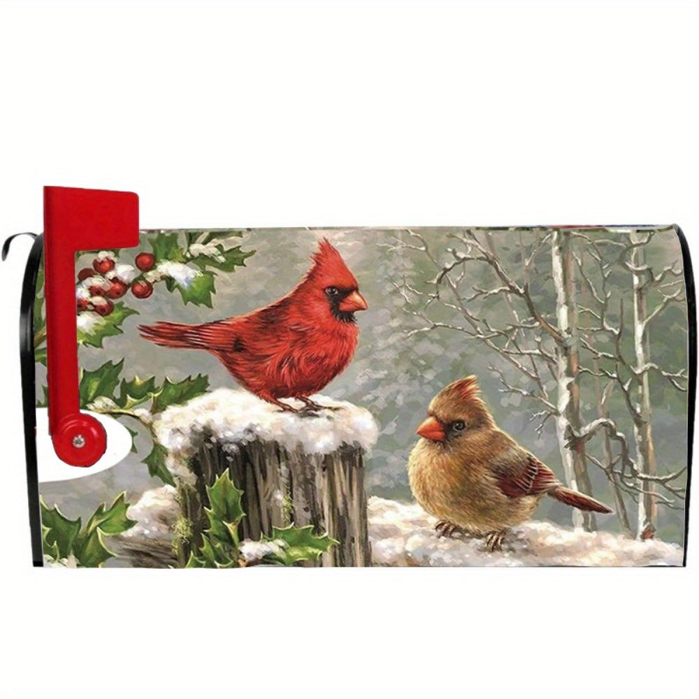 Serene 18x21 inch magnetic mailbox cover featuring a male and female cardinal on snow-covered stumps with holly berries for winter décor – Coastal Pillows Plus.