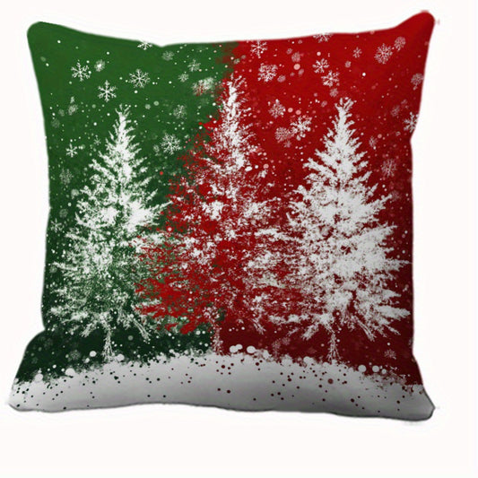 Pillow cover with white winter trees on a red and green snowy background
