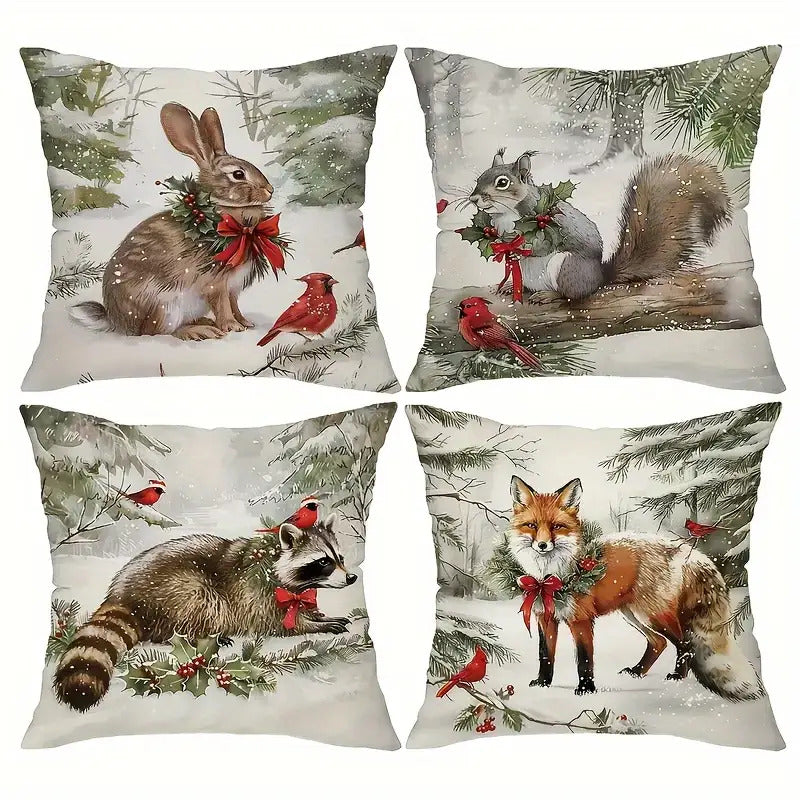Winter woodland animals pillow cover collection featuring bunny, squirrel, raccoon and fox in snowy forest scenes.