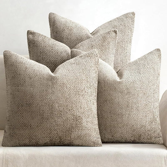 Organic 18x18 inch pillow covers in soft khaki showing a heavy-weight linen-textured chenille weave for coastal décor – Coastal Pillows Plus.