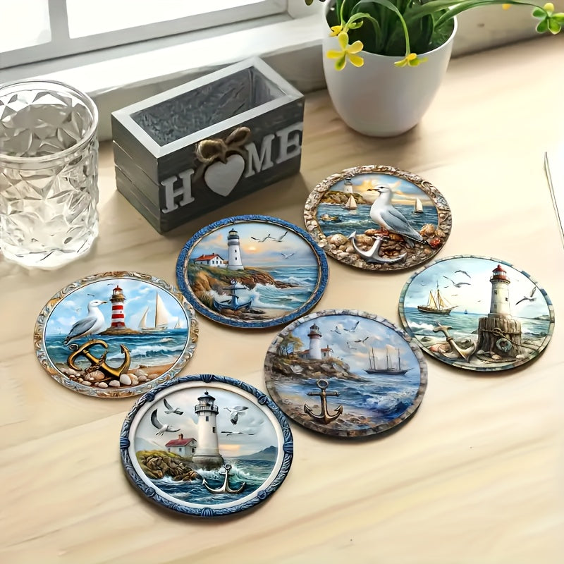 Coastal Lighthouse Wood Coaster Set – Nautical, 4"