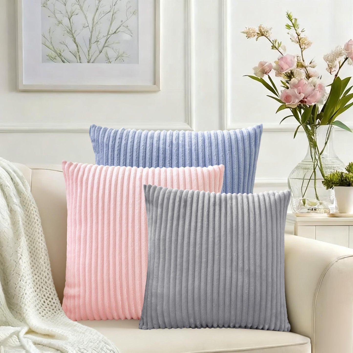 Striped Supersoft Corduroy Pillow Cover – Individual Colors or 3-Piece Set, 18"x18"