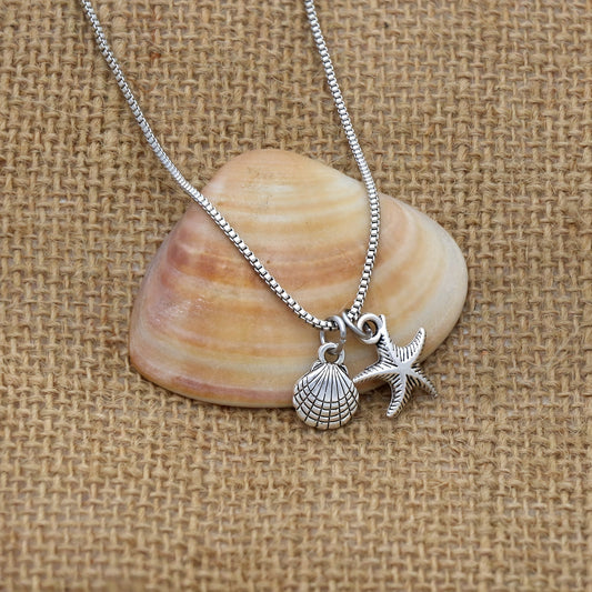 Silver Shell & Starfish Square Rolo Chain Necklace – 24" with Pendant Charms