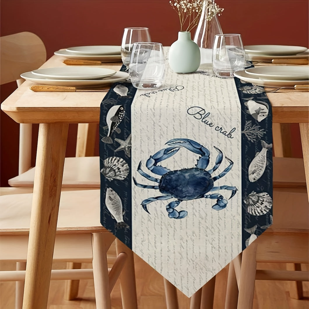 Blue Crab & Tropical Fish Table Runner – Coastal Print, 13" x 72"