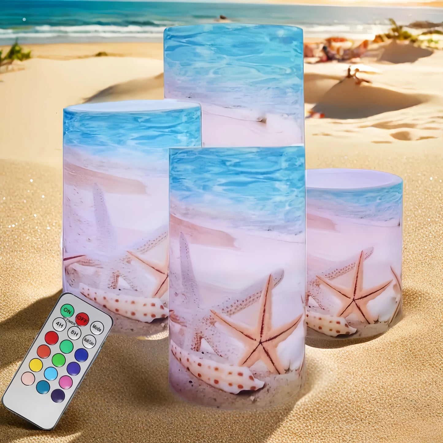 4-piece blue flameless LED candles featuring a beach scene with shells and starfish for a relaxed seaside home décor.