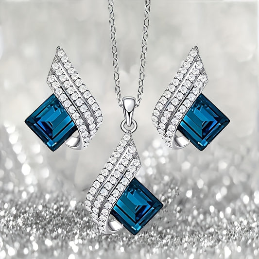 Shining Diva Angel Wings Necklace & Earrings Set – 3-Piece Blue & White Rhinestone Jewelry