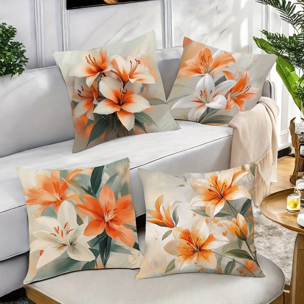 Watercolor Lily Pillow Cover – Vertical Arrangement, Orange & White Floral Print, 18"x18"