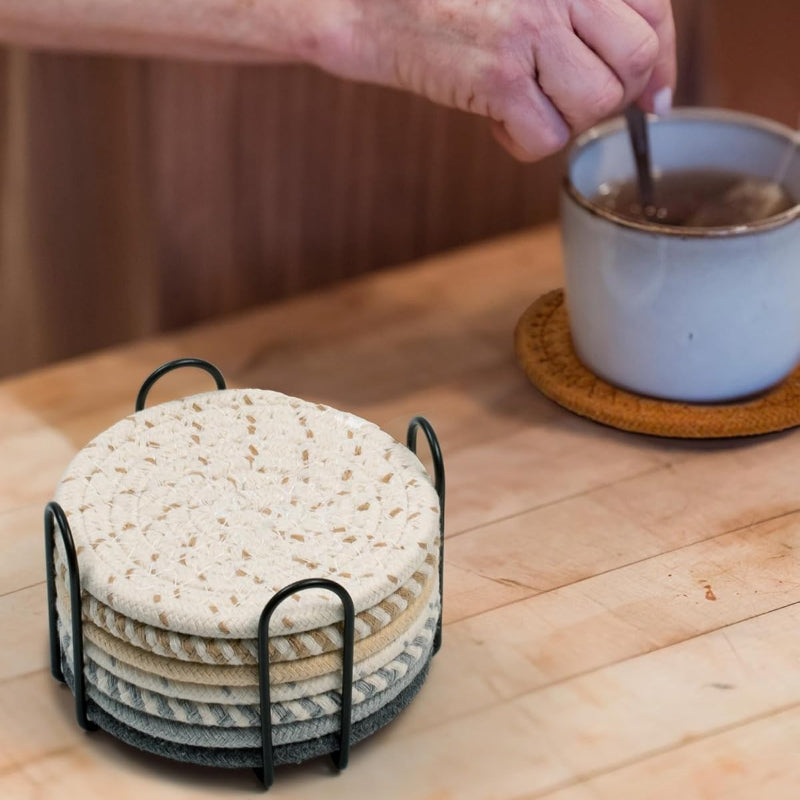 Neutral Woven Coaster Set – Absorbent with Black Holder, 4.3"